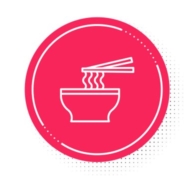 Beyaz çizgili Asya erişteleri kasede ve yemek çubukları ikonu beyaz arka planda izole edilmiş. Sokak yemeği. Kore, Japon, Çin yemekleri. Kırmızı daire düğmesi. Vektör.