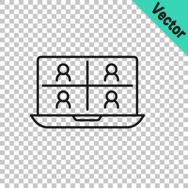 Siyah çizgi Görüntü sohbet konferansı simgesi şeffaf arkaplanda izole edildi. Çevrimiçi iş görüşmesi formu. Uzak proje yönetimi. Vektör.