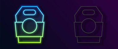 Siyah arka planda izole edilmiş karton kutuda parlayan neon hattı Asya erişteleri. Sokak yemeği. Kore, Japon, Çin yemekleri. Vektör.