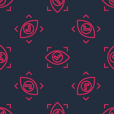 Kırmızı çizgi göz tarama simgesi siyah arkaplanda izole edilmiş. Göz taraması yapılıyor. Güvenlik kontrol sembolü. Siber göz işareti. Vektör.