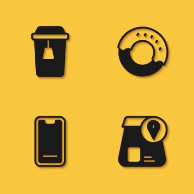 Set Cup of tea Online ordering food Food on mobile and Donut icon with long shadow. Vector.