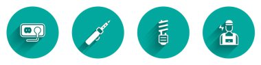 Set Electrical outlet Soldering iron LED light bulb and Electrician icon with long shadow. Vector.