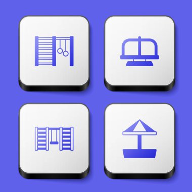 Set Swedish wall Attraction carousel and Sandbox with sand icon. White square button. Vector.