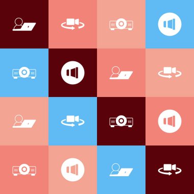 Set pop art Video chat conference 360 degree view Movie film media projector and Speaker volume icon. Vector.