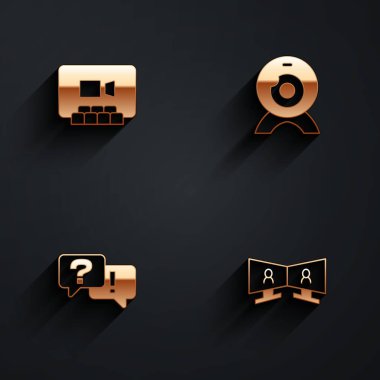 Set Video chat conference Web camera Question and Answer and icon with long shadow. Vector.