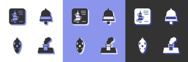 Set Christmas chimney postcard toy and ringing bell icon. Vector.