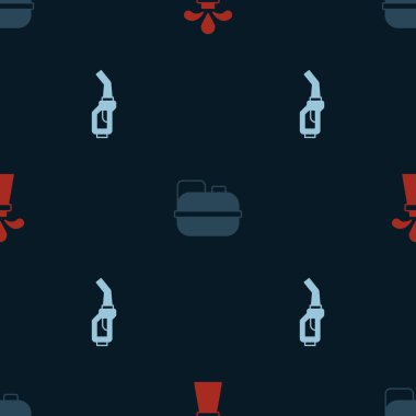 Set Oil rig Canister for gasoline and Gasoline pump nozzle on seamless pattern. Vector.