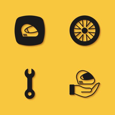 Set Racing helmet Wrench spanner and Alloy wheel for car icon with long shadow. Vector.