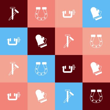 Set pop art Metallic nails Horseshoe Clamp and screw tool and Protective gloves icon. Vector.
