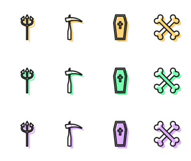 Set line Coffin with christian cross Trident devil Scythe and Crossed bones icon. Vector.