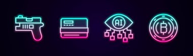 Set line Futuristic weapon Credit card Computer vision and Cryptocurrency coin Bitcoin. Glowing neon icon. Vector.