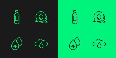 Set line Cloud with rain Water drop Bottle of water and speech bubbles icon. Vector.