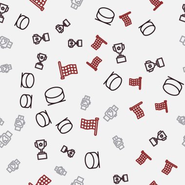 Set line Hockey puck Award cup Smart watch with heart and Checkered flag on seamless pattern. Vector.