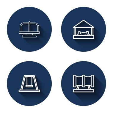 Set line Attraction carousel Sandbox with sand Swing for kids and Kid playground slide pipe with long shadow. Blue circle button. Vector.