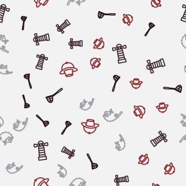 Set line Fishing net, Lighthouse, rod and fish and Fisherman hat on seamless pattern. Vector