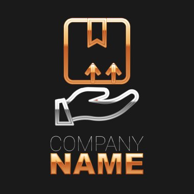 Siyah arkaplanda karton kutu simgesi olan çizgi teslimat eli. Kuryeyle kapı kapı dolaşacağız. Renkli taslak konsepti. Vektör.