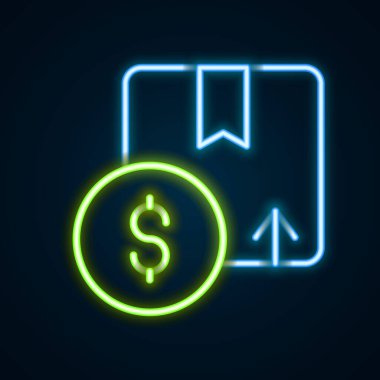 Parlayan neon çizgi karton kutu simgesi siyah arkaplanda izole edildi. Kutu, paket, paket işareti. Teslimat ve ambalaj. Renkli taslak konsepti. Vektör.