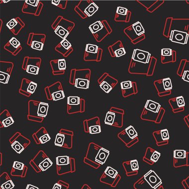 Çevrimiçi sipariş verme ve fast food dağıtım ikonu siyah arka planda izole edilmiş kusursuz desen. Vektör.