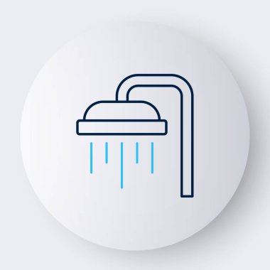 Beyaz zemin üzerinde su damlaları akan ikon olan çizgi duş başlığı izole edildi. Renkli taslak konsepti. Vektör.