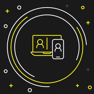 Siyah arkaplanda görüntülü sohbet simgesi izole edildi. Çevrimiçi iş görüşmesi formu. Uzak proje yönetimi. Renkli taslak konsepti. Vektör.