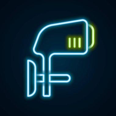 Parlayan neon hattı dış tekne motor ikonu siyah arkaplanda izole edildi. Tekne motoru. Renkli taslak konsepti. Vektör.