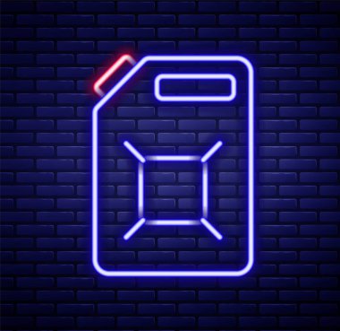 Tuğla duvar arkasında izole edilmiş benzin ikonu için parlayan neon hattı kutusu. Dizel gaz ikonu. Renkli taslak konsepti. Vektör.