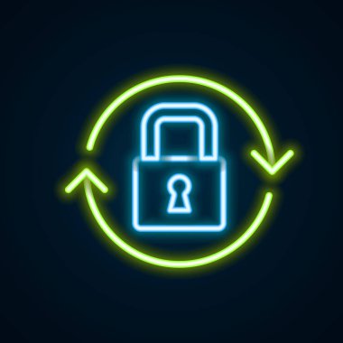 Parlayan neon çizgi simgesi siyah arkaplanda izole edildi. Asma kilit işareti. Güvenlik, güvenlik, koruma, gizlilik kavramı. Renkli taslak konsepti. Vektör.