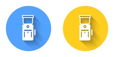 White Electric coffee grinder icon isolated with long shadow background. Circle button. Vector.