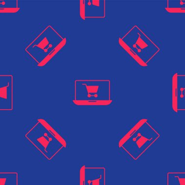 Ekran dizüstü bilgisayar simgesinde kırmızı alışveriş arabası mavi arkaplandaki kusursuz deseni izole etti. Konsept e-ticaret, e-ticaret, online iş pazarlama. Vektör.
