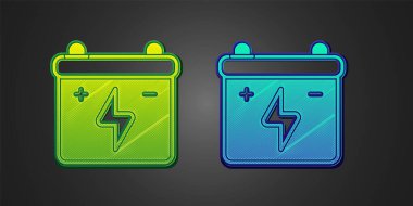 Green and blue Car battery icon isolated on black background. Accumulator battery energy power and electricity accumulator battery. Vector.