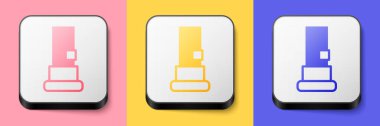 Isometric Cartridges icon isolated on pink, yellow and blue background. Shotgun hunting firearms cartridge. Hunt rifle bullet icon. Square button. Vector.