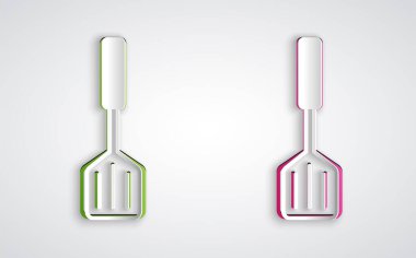 Kağıt kesiği Spatula simgesi gri arkaplanda izole edildi. Mutfak spatula ikonu. Barbekü spatula işareti. Barbekü ve ızgara aleti. Kağıt sanatı tarzı. Vektör.
