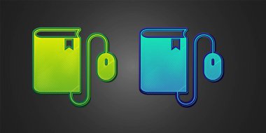 Green and blue Electronic book with mouse icon isolated on black background. Online education concept. E-book badge icon. Vector.