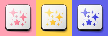 Isometric Sparkle stars with magical glitter particles icon isolated on pink, yellow and blue background. Magic christmas decoration. Square button. Vector.