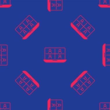 Kırmızı görüntülü sohbet konferansı simgesi mavi arkaplanda izole edilmiş kusursuz desen. Çevrimiçi iş görüşmesi formu. Uzak proje yönetimi. Vektör.