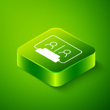 Isometric Video sohbet konferansı simgesi yeşil arkaplanda izole edildi. Çevrimiçi iş görüşmesi formu. Uzak proje yönetimi. Yeşil kare düğmesi. Vektör.