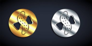 Gold and silver Served cucumber on a plate icon isolated on black background. Marine food. Long shadow style. Vector.