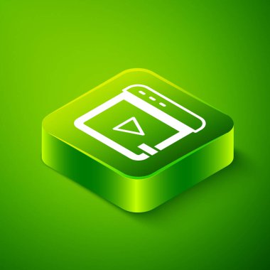 Isometric Video advertising icon isolated on green background. Concept of marketing and promotion process. Responsive ads. Social media advertising. Green square button. Vector.