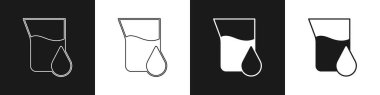 Set Oil petrol test tube icon isolated on black and white background. Cmemistry flask and falling drop. Vector.