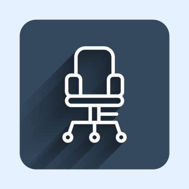 Beyaz çizgi ofis koltuğu ikonu uzun gölge arkaplan izole. Mavi kare düğme. Vektör.