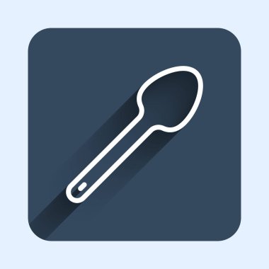 White line Teaspoon icon isolated with long shadow background. Cooking utensil. Cutlery sign. Blue square button. Vector.
