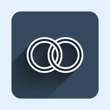 White line Wedding rings icon isolated with long shadow background. Bride and groom jewelry sign. Marriage symbol. Diamond ring. Blue square button. Vector.