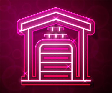 Glowing neon line Garage for taxi car icon isolated on red background. Vector.