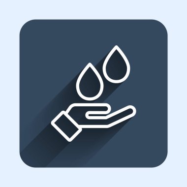 White line Washing hands with soap icon isolated with long shadow background. Washing hands with soap to prevent virus and bacteria. Blue square button. Vector.