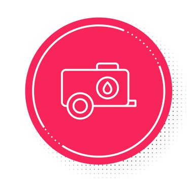 White line Mobile water tank - bowser icon isolated on white background. Water tank delivering water. Red circle button. Vector.