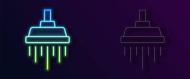 Parlayan neon hattı. Siyah zemin üzerinde su damlaları akan ikon olan duş başlığı izole edilmiş. Vektör.