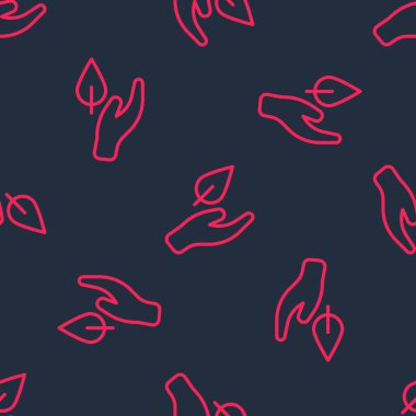 Red line Hand hold a leaf of the plant icon isolated seamless pattern on black background. Care nature. Leaf shoots with environmental protection. Vector.