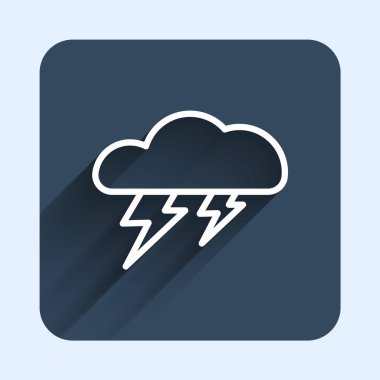 Beyaz çizgi Storm simgesi uzun gölge arkaplanı ile izole edildi. Bulut ve şimşek işareti. Fırtınanın hava durumu ikonu. Mavi kare düğme. Vektör.