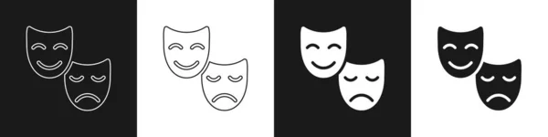 Set Comédia Tragédia Máscaras Teatrais Ícone Isolado Fundo Preto Branco —  Vetores de Stock