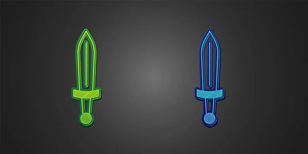 Green Blue Medieval Sword Icon Isolated Black Background Medieval Weapon — Stock Vector